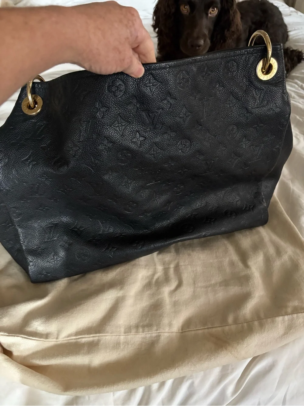 Louis Vuitton Black Monogram-Embossed Leather Shoulder Bag with Gold Hardware